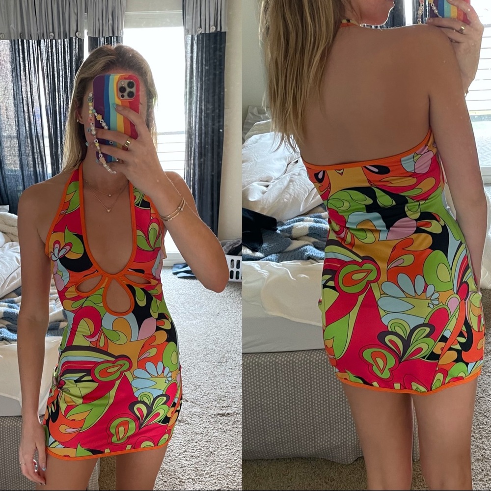 Y2K 70s Colorful Cutout Dress